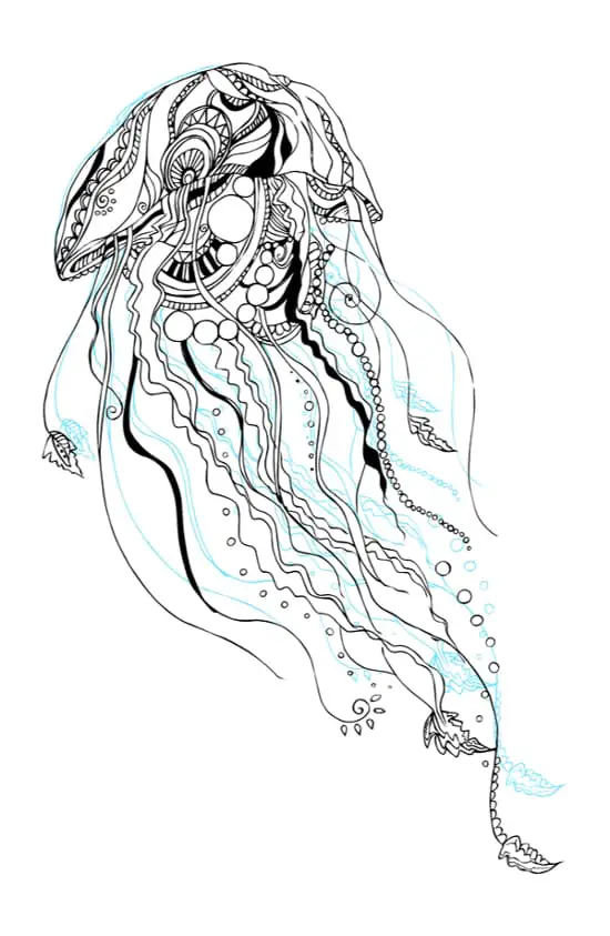 A black and white jellyfish image with pale aqua details.  This jellyfish is drawn in a fantasy style with designs on the body.