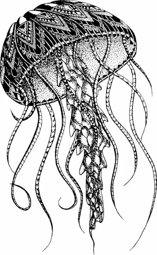 A black and white jellyfish drawn in a  detailed, decorative style with designs on the body and on the tentacles.