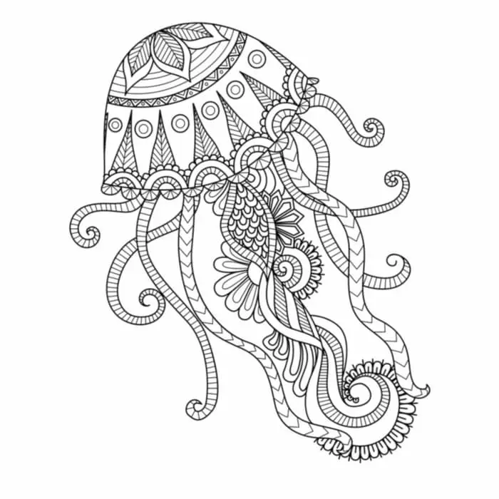 A black and white cartoon-y style jellyfish drawn with lots of decorative and fantasy details.