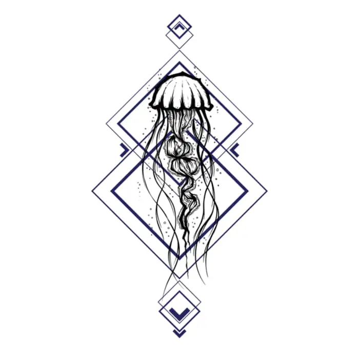 Geometric patterns serving as a backdrop for a black and white jellyfish drawn in a realistic style.