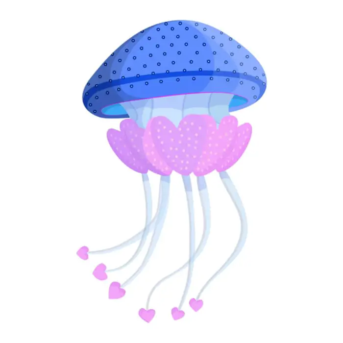 A whimsical color jellyfish with blue dots on the body and pink heart details on the tentacles.