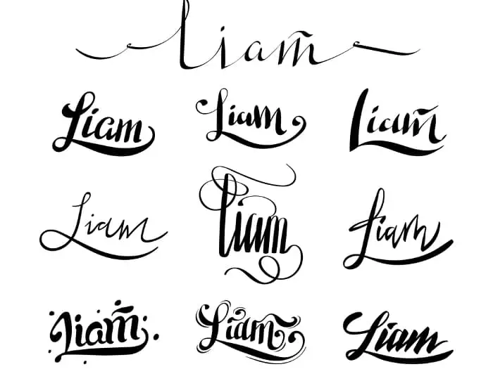 Image of the name "Liam" shown in  10 different font styles.