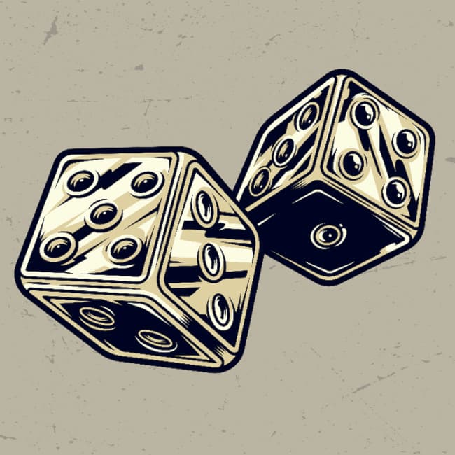 Pair of dice drawn in black ink with monochrome color elements, also in retro art style.