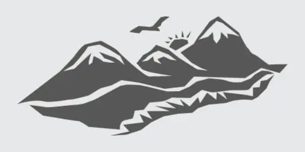 A simple black and white image of moutains with the sun peeking over the top and a bird above the mountains.