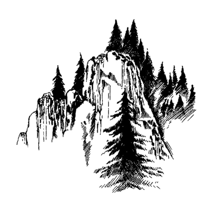 A black and white image of a mountain scene done in a realism art style.