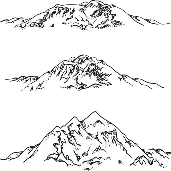 Black and white image of three drawings of three different mountains.