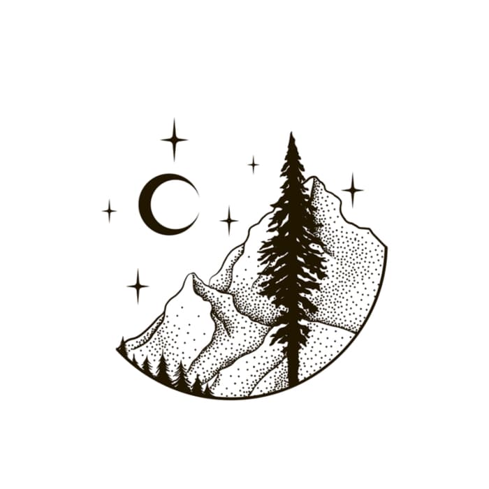 A nighttime mountain scene with a crescent moon, stars, and pine trees.