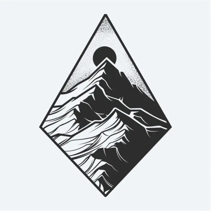A mountain range shown in a geometric frame.