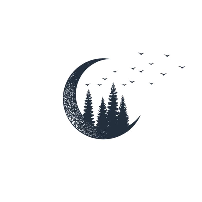 Black and white image of a crescent moon and pine trees and birds.