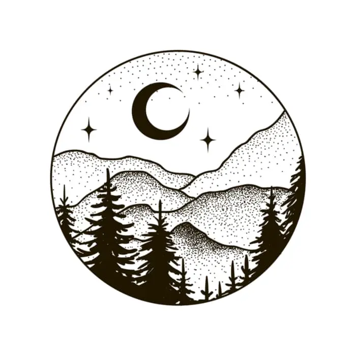 A nighttime mountain scene with pine trees, stars, and a crescent moon in a circle border.