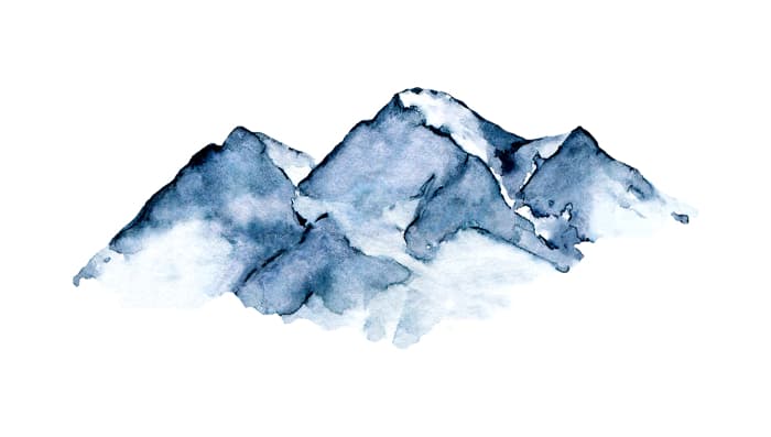 A blue watercolor image of mountains.