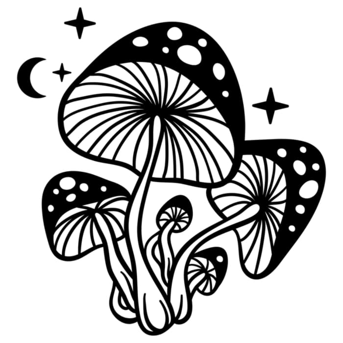 A black and white image of a cluster of spotted mushrooms and a crescent moon and stars above them.