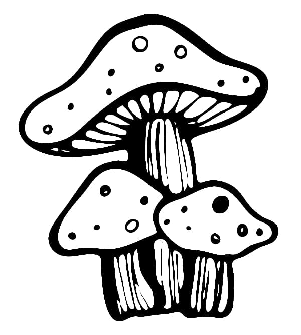 A black and white image of a cartoonish trio of mushrooms.