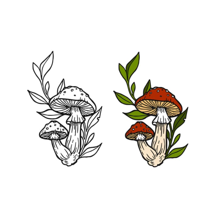 An image of a pair of mushrooms and spring of greenery shown in black and white and also a color version.