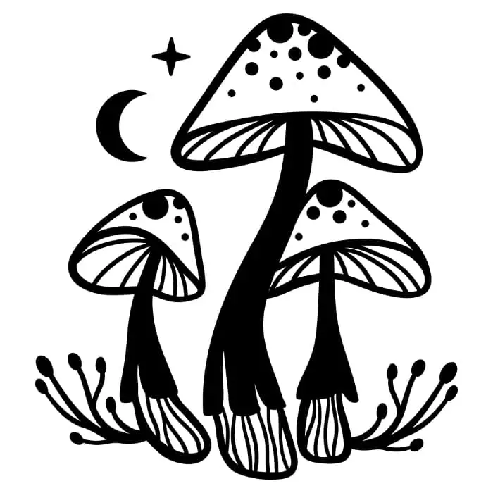 A black and white image of three mushrooms, a crescent moon, and a star symbol.