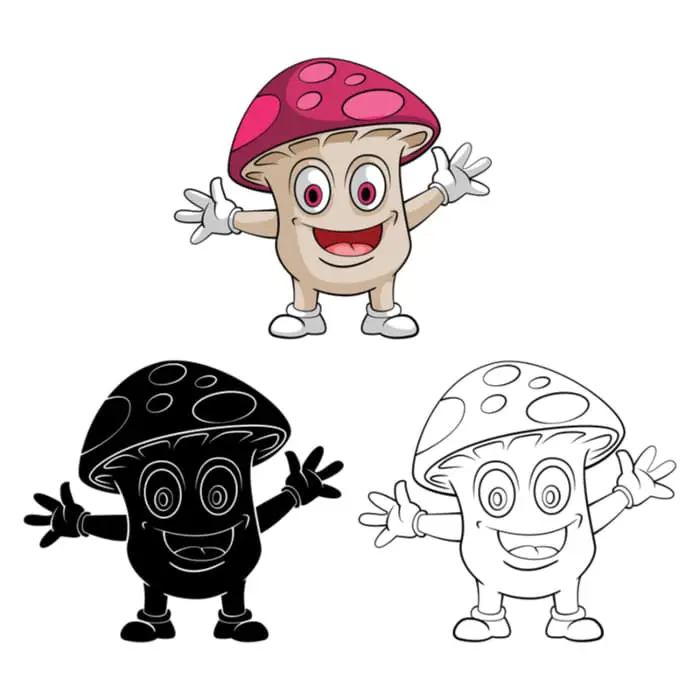 Three smiling cartoon mushroom figures with faces, arms, and legs.