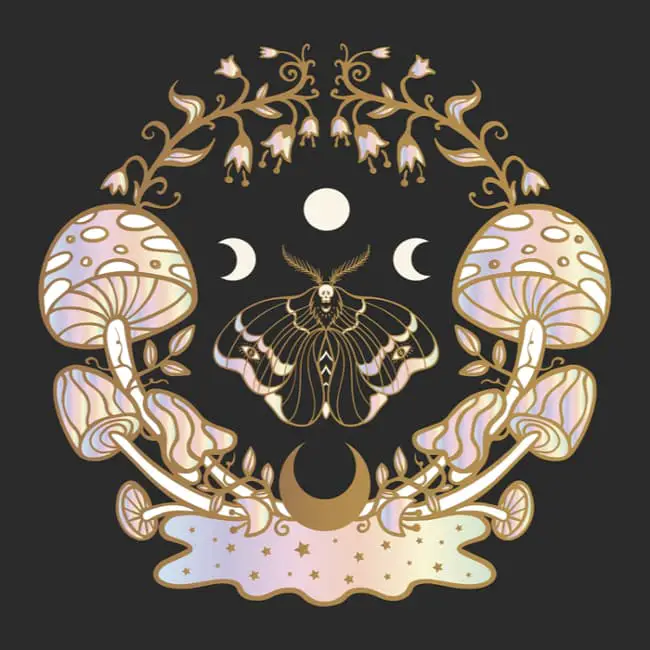 A color image of mushrooms, flowers, a moth, and celestial symbols in a pastel color scheme.
