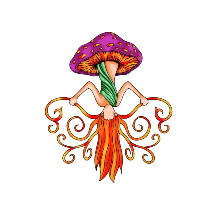 A colorful mushroom with the stem turning into a woman hanging upside down and holding strands of her hair forming a decorative motif.