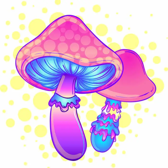 A pair of mushrooms in bright pink, blue, and yellow colors.