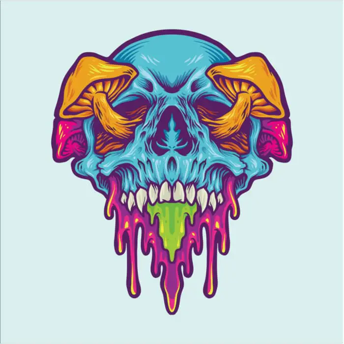 A color image of a blue skull with yellow mushrooms growing from the eye sockets.