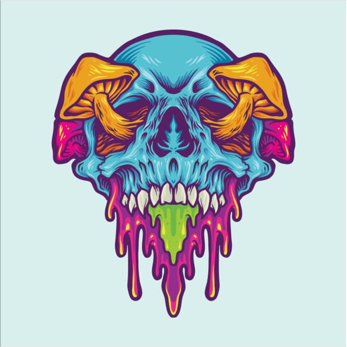 A color image of a blue skull with yellow mushrooms growing from the eye sockets.