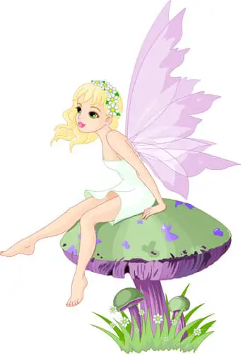 A color mage of a blonde fairy sitting on a mushroom.