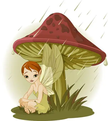 An color image of a auburn-haired fairy sitting beneath a mushroom during a rainstorm.