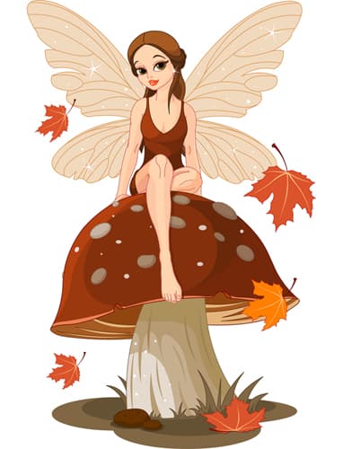 A color image of a brunette fairy sitting on a mushroom with autumn leaves falling.