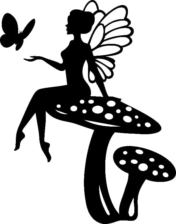 A black and white silhouetted image of a fairy sitting on a spotted mushroom.