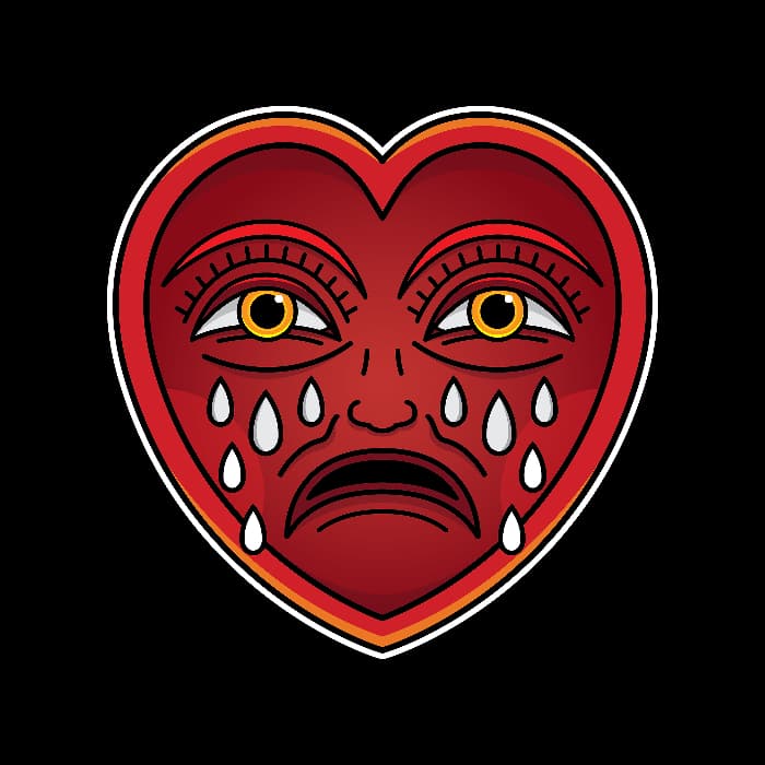 A color image of a crying heart mostly in red colors -- this creates a crying heart tattoo meaning of sadness, but also possibly anger or outrage.