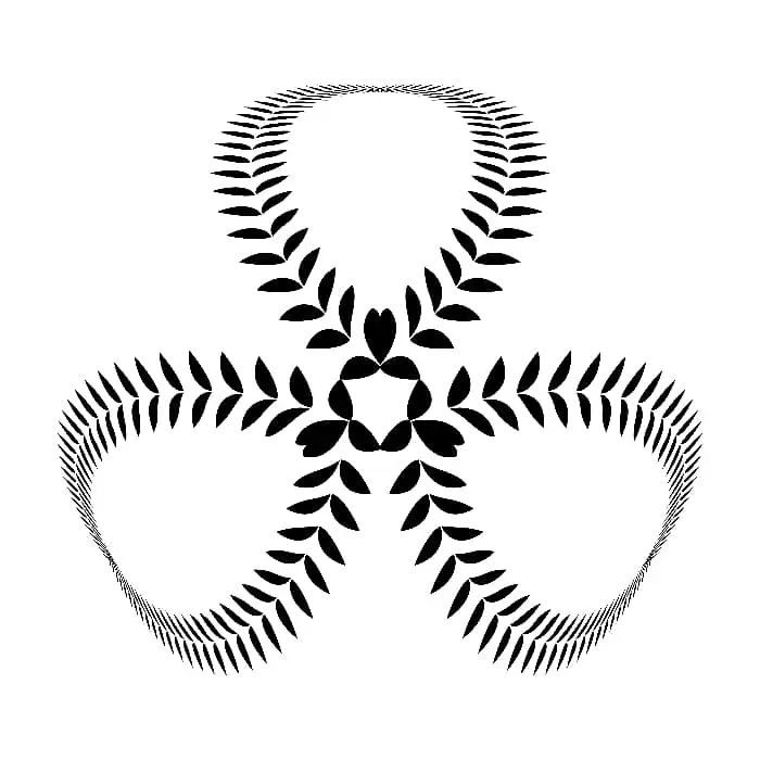 A black ink image of a trio of three leaf-like shapes created by using pairs of smaller leaves as the outline of the leaves.  It's not an obvious shamrock shape. but more of a suggestion of the symbol.