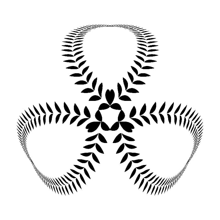 A black ink image of a trio of three leaf-like shapes created by using pairs of smaller leaves as the outline of the leaves.  It's not an obvious shamrock shape. but more of a suggestion of the symbol.