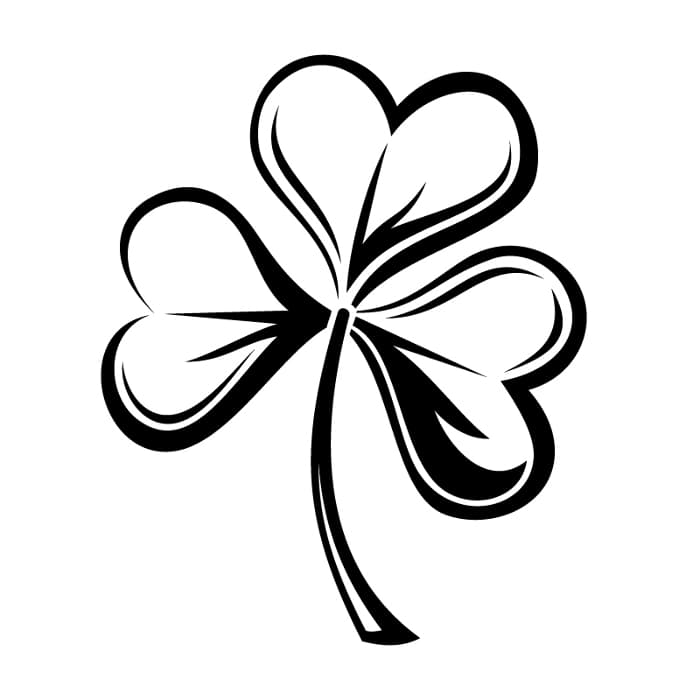 A black ink image of a shamrock drawn in a slightly whimsical style with only a few details to suggest shading and contours in the leaves.