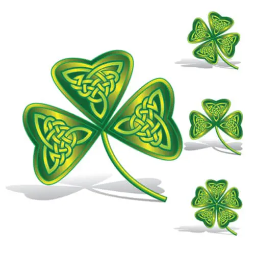 An image of a large shamrock next to a smaller shamrock and two four-leaf clovers.  All the clovers are done in  various shades of green and have Celtic knotwork on the leaves.