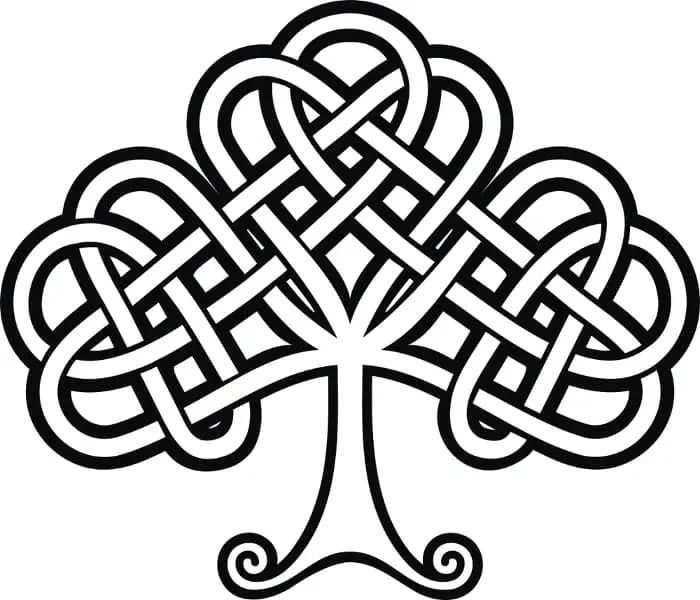 A black ink image of a Celtic design in which the three-leaf shape of the shamrock is "hidden" -- it takes a minute for the eye to see it.