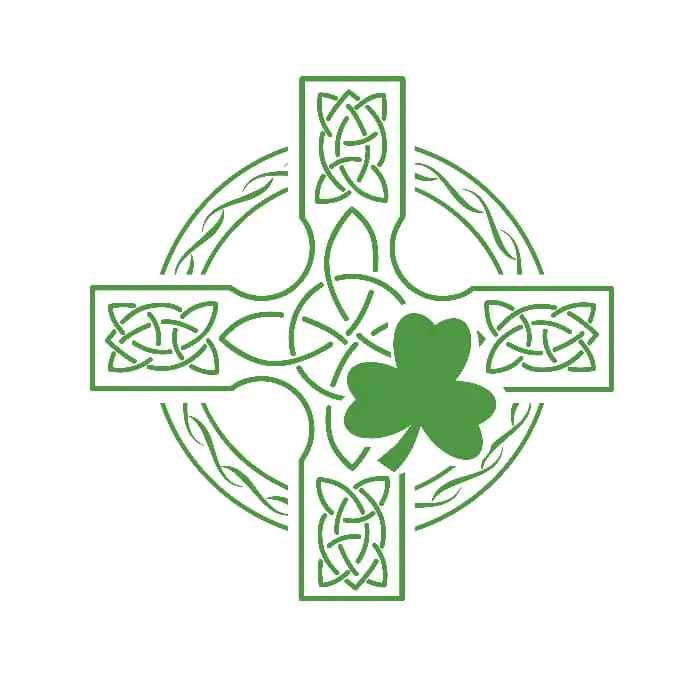 An green mage of a Celtic cross with a solid shamrock symbol near the center of the cross.  When paired with Celtic art, a shamrock tattoo meaning is more religious or spiritual. 