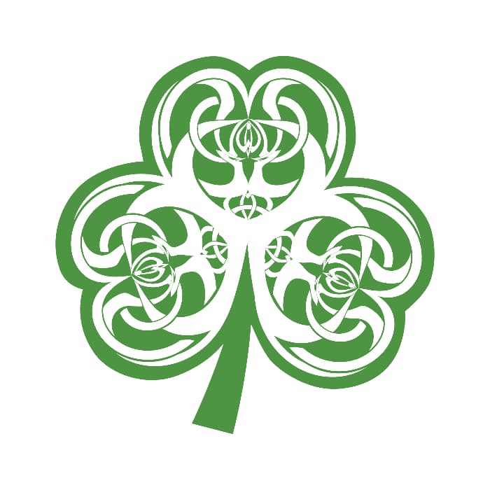 A green shamrock with ornate embellishment details on the leaves.