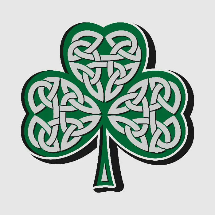 A green shamrock image with Celtic knotwork on each leaf.