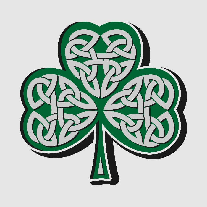 A green shamrock image with Celtic knotwork on each leaf.