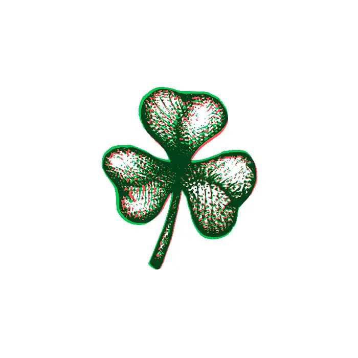 An anaglyph image of a shamrock done in green and red ink.  This is meant to create a 3D effect, even in tattoos, although the tattoo has to be viewed through 3D glasses for the effect to be seen.