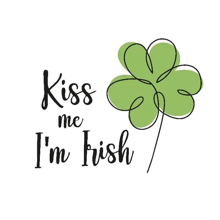 A contemporary image of a shamrock alongside the caption "Kiss Me I'm Irish" -- the green color of the shamrock intentionally doesn't line up with the shape's outline, adding to the playful feeling of the image.