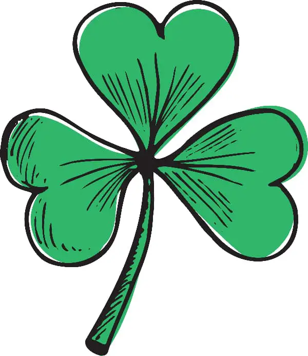 A shamrock drawn in a cartoon style in black and green ink.