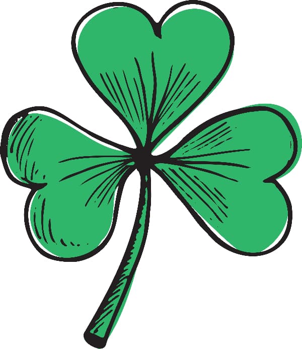 A shamrock drawn in a cartoon style in black and green ink.