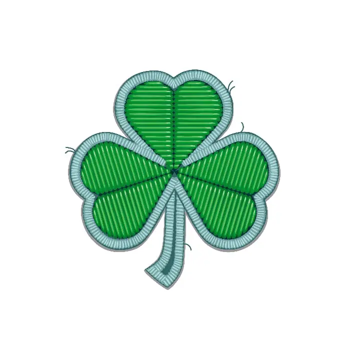 A shamrock image that has been created to look like a hand-sewn craft.  The green leaves are outlined with blue meant to look like fabric with pieces of thread fraying in spots.