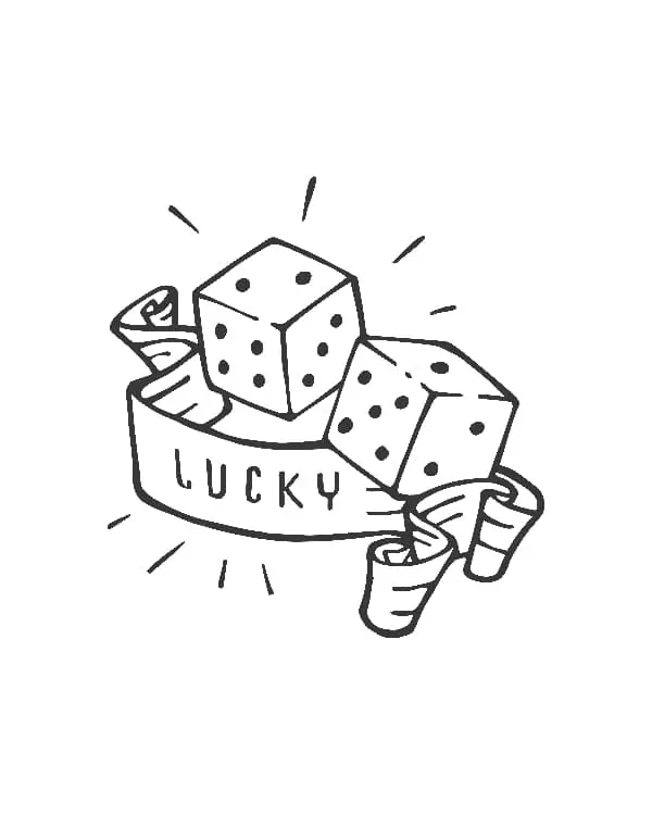 A pair of die with a banner reading "Lucky" -- using this image for a tattoo would definitely convey a dice tattoo meaning of luck or good fortune for the wearer.