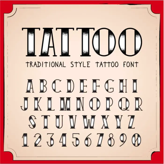 A vintage "Sailor Jerry" style tattoo font that uses shading at the tops and bottoms of the letters and numbers.