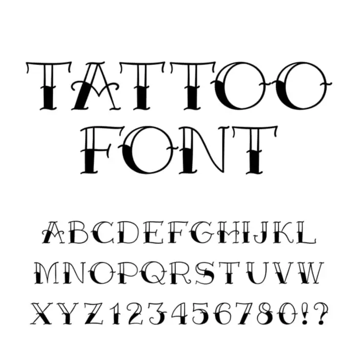 Vintage "Sailor Jerry" style font with the bottom half of the letters and numbers and punctuation marks filled in with solid black.