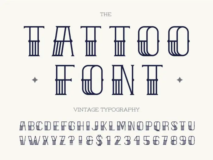 Another "Sailor Jerry" style font that has vertical line details in the bottom half of the letters and numbers.