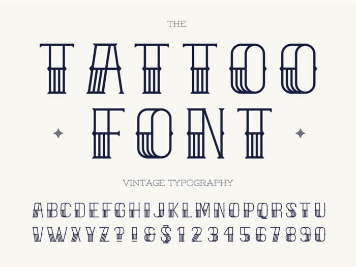 Another "Sailor Jerry" style font that has vertical line details in the bottom half of the letters and numbers.