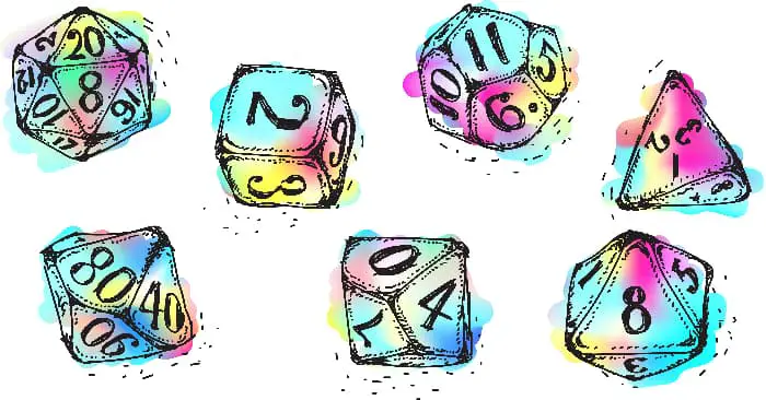 Different types of game dice with numerals on them, drawn in black ink and painted in bright colors.